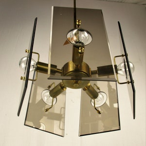 Design Chandelier Gino Paroldo for Fontana Arte Brass Smoked Glass 5 Lights