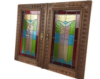 Pair Antique Wooden Leaded glass Prairie Style Door Panels  Reclaimed Architectural salvaged wow