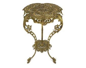 Ornate French Brass Pedestal Table Plant Stand 2 Tier Hollywood Regency Floral Pattern