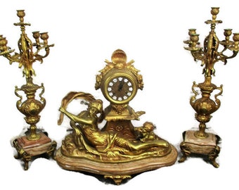 3 Piece Garniture Mantle Set Candelabras Lady Angel Hermle Clock Set Working WOW