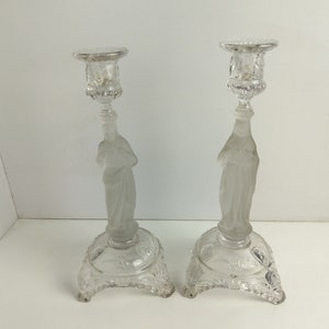 Couple Candle Holders Art Frosted Glass Holy Heart Virgin Mary Christ Vintage