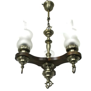 Chandelier Wood Art Glass Shades Atomic Scandinavian Style Modernist 3 lights