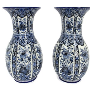 Par grande pareja trompeta jarrones Delft Holland azul blanco porcelana marcada pintada a mano