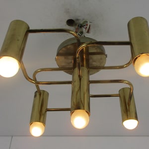 Mid Century Modern 1960s Gold Metal Chandelier 5 lights Marked Boulanger