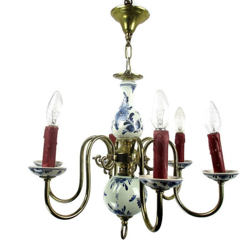Vintage Delft Blue White Porcelain Brass Chandelier Dutch Romantic 6 Lights Arms