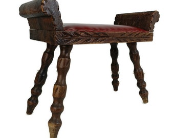 Spanish Vintage  Footstool Ottoman Foot rest Bench Ornate carved wood Faux leather