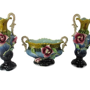 Set of 3 French Barbotine Majolica Vases Planters Centerpiece Pitchers Art Nouveau  Gorgeous Color Blue