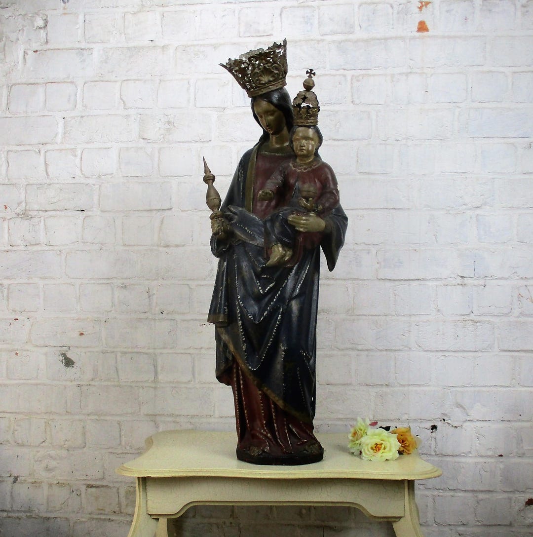 Antique Polychrome Madonna Infant Child Statue Church Plaster Collector ...