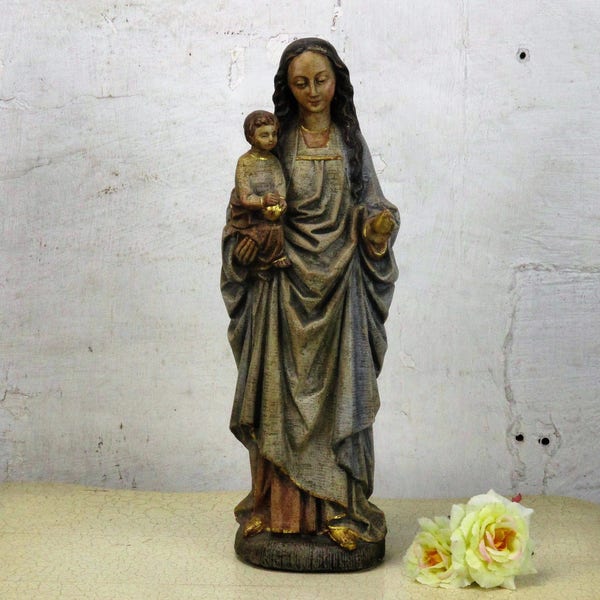 Virgin Mary Madonna Holding Pear Infant Jesus Polychrome Heavy Plaster Statue