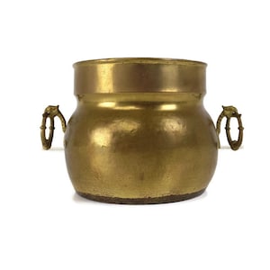 Puede incluir: Un macetero de latón dorado con dos asas ornamentadas. El macetero tiene un cuerpo redondeado y una parte superior ligeramente acampanada.