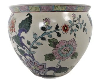 Vintage Chinese Porcelain Enamel  Koi Fish Bowl Planter Vase Butterflies Flowers Cachepot