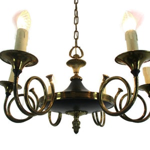 French Empire Pan Chandelier Green Tole Brass 6 arms Hollywood Regency trumpets