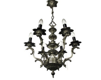 Vintage Chandelier 6 Lights Arms Ornate Spelter Hollywood regency Silver Colored