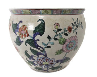 Vintage Chinese Porcelain Enamel  Koi Fish Bowl Planter Vase Butterflies   Flowers Cachepot
