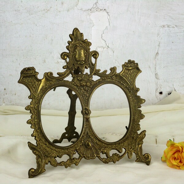 Vintage French Standing Double Brass Embossed picture frame Ornate Rococo