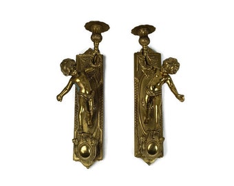 Pair Gorgeous Wall Mounted Sconces  Ampliques Candle Holders Putti Cherub Angels Brass