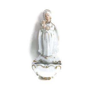 Porcelain vintage Holy water font Vessel Virgin Mary with Infant Jesus polychrome christianity