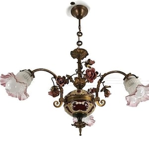 Gorgeous Antique art Nouveau Chandelier 3 lights Tulip Shades glass Porcelain brass Flowers