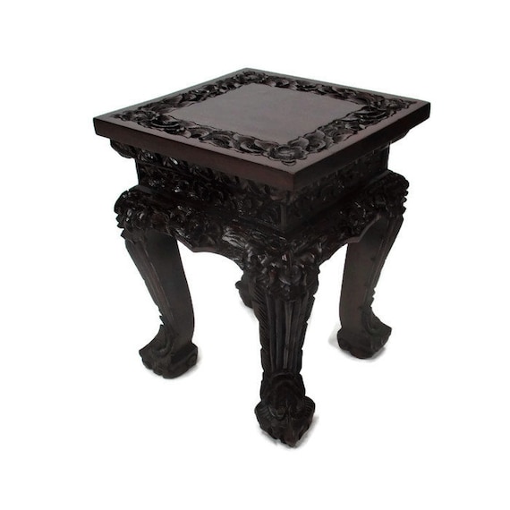Low Small Ornate Dark Carved Wood Plant Stand Round Side Table Ornate Dark Carved Wood Plant Stand, Small Round Side Table Dark Wood