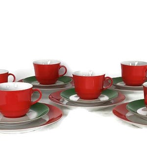very rare vintage breakfast set green red Bavaria Wunsiedel Germany 18 pcs