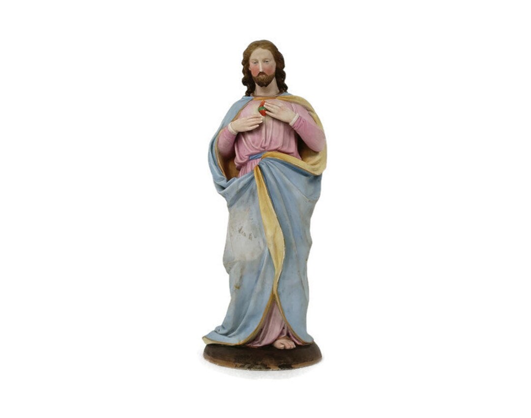Statue Bisque Porcelain Jesus Christ Saviour Holy Sacred Heart Polychrome Antique Etsy
