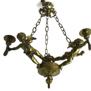 French Bronze Chandelier 3 Lights Arms Putti Cherub Hollywood Regency Romantic