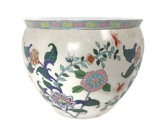 XL Vintage Chinesisches Porzellan Emaille Famille Rose Koi Fischschale Übertopf Vase Cachepot Blumen Blumen Emaille Atemberaubend