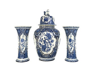 Delft Blue White Garniture Set Two trumpet  Vases Urn Lidded 3 pieces Royal Sphinx Foo Dog