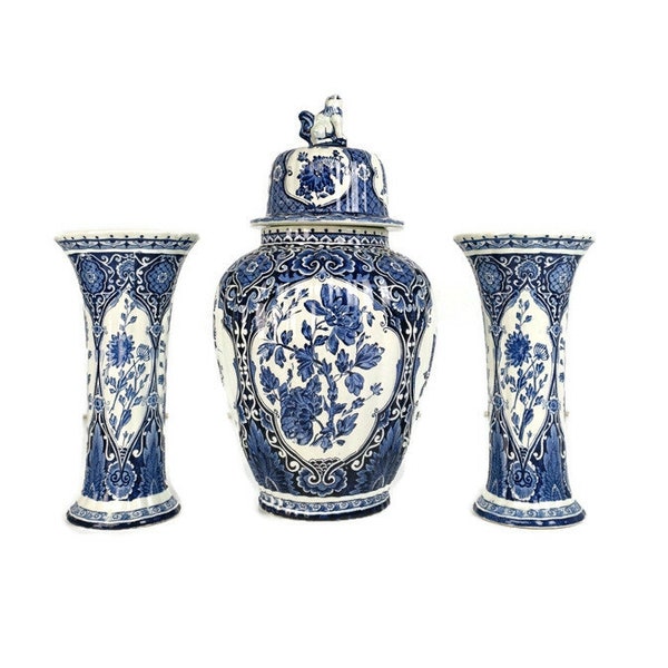 Delft Blue White Garniture Set Two trumpet  Vases Urn Lidded 3 pieces Royal Sphinx Foo Dog