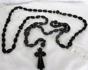 Very Large French Vintage Rosary Carved Wood Lourdes Paternoster Decorative HTF