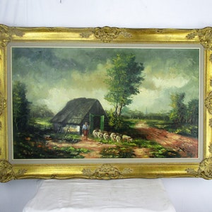 Shepherd Sheep Cabin XL Oil Painting Canvas Framed Gorgeous Frame Signed