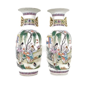 Pair Chinese Porcelain Vintage Family Rose Vases Polychrome 1950s Vintage