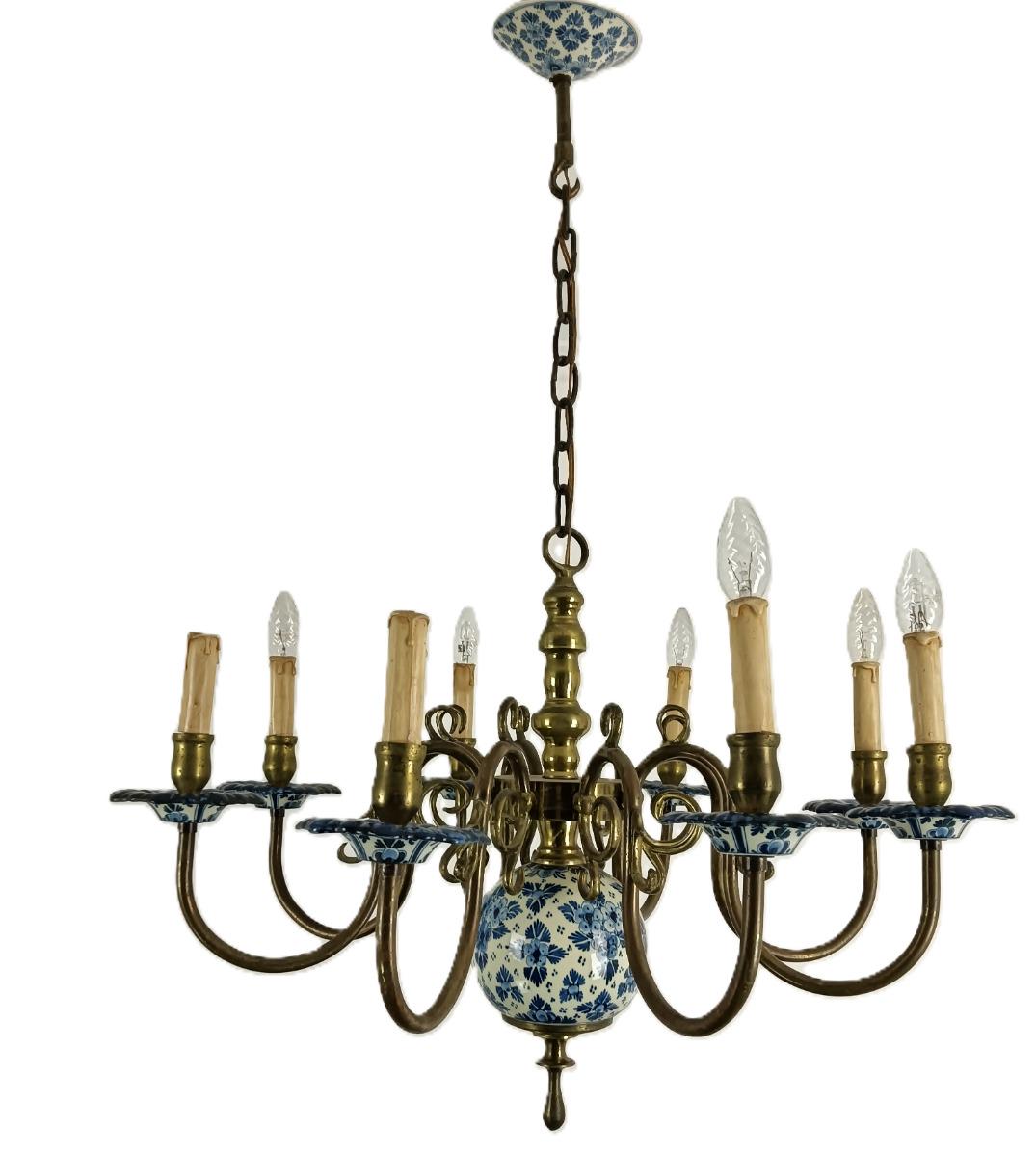 Lustre Vintage Bleu De Delft Blanc 8 Lumières, Marqué Style Grange Magnifique