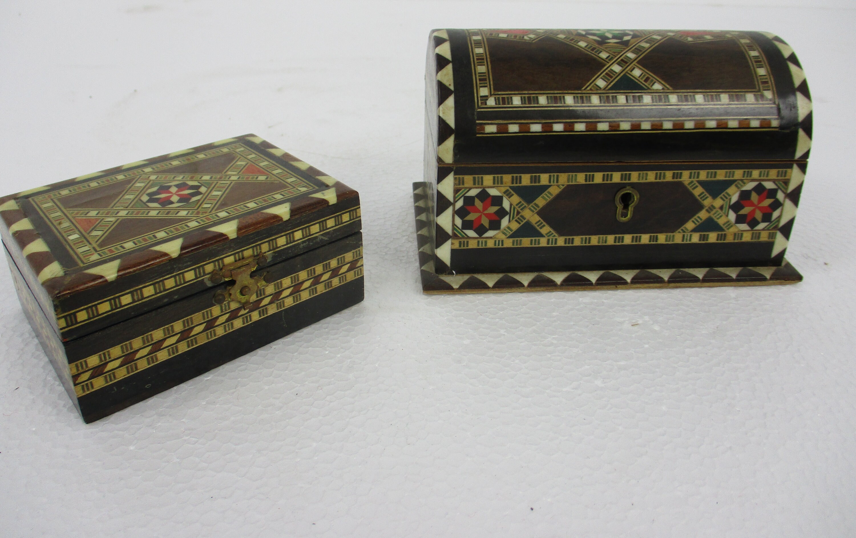 Pair Couple Jewelry Trinket Tobacco Boxes Ornate Beautiful Wood Inlay  Mosaic Granada Spain 