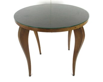 Petite table basse ronde de style Art déco avec plateau en verre moderniste en bois
