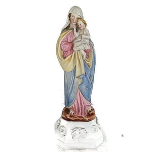 Estatua de porcelana antigua de bisqué Virgen María Nuestra Señora Virgen con el Niño Hermosa