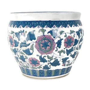 Vintage Chinese Porcelain Enamel Koi Fish Bowl Planter Vase  Cachepot Flower Pot Blue White