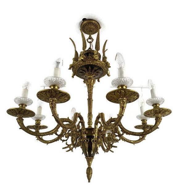 Lustre Hollywood Regency à 8 branches ornées de Putti Angels Guirlandes Feathers Espagne