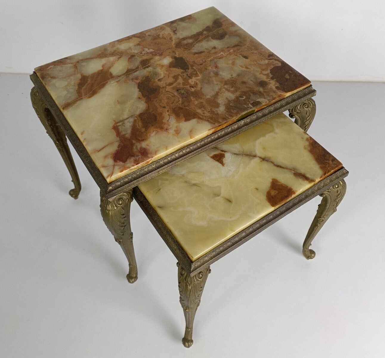 Stacking Stone Table Two Nesting Stacking Side Tables Hollywood Regency Marble Top Brass ...