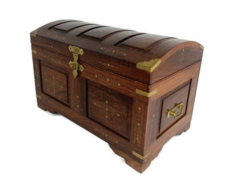 Antique Wedding Chest Trunk  Ornate Hand carved Wood Inlay  Brass Handles Tray WOW