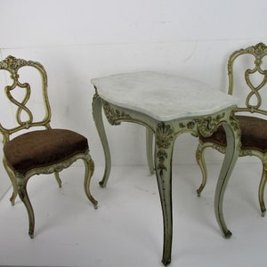 Antique set 19th Century Two Chairs Table Marble Top French Provincial Ornate