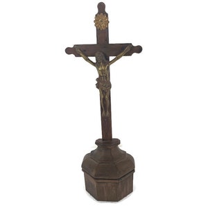 Standing Crucifix Cross hand Carved Wood Brass Corpus French Magnificent  Antique