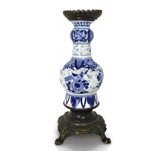 Vase Delft Holland Blue White Porcelain Brass Base and Top Centerpiece Candle Holder Rare Birds