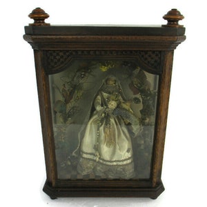 19th C Antique hand Carved Wood Chapel Niche Shrine with Hand Made Antique Doll