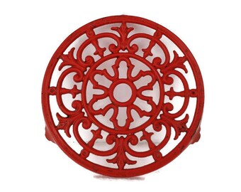 Antique Wrought  Steel Decorative Round  Trivet French Painted red Antique Cast Iron  Architectural Ornate Reclaimed Hardware coaster