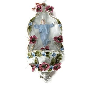beautiful antique porcelain holy water font porcelain flowers Jesus Risen Lord wall hanging