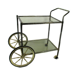 Bar Cocktail Tea Cart Trolley Hollywood Regency Kitchen Island Brass Bamboo Style Smoked  Glass