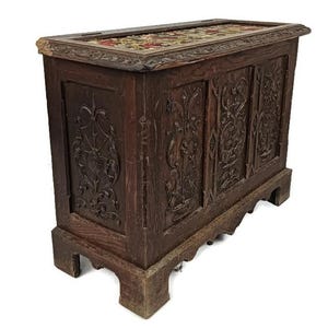 antique 19th century ornate carved wooden Box chest Trunk tapestry stunning WOW