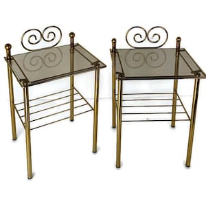 Couple Hollywood regency Side Occasional tables Plant stands Brass Smoked glass
