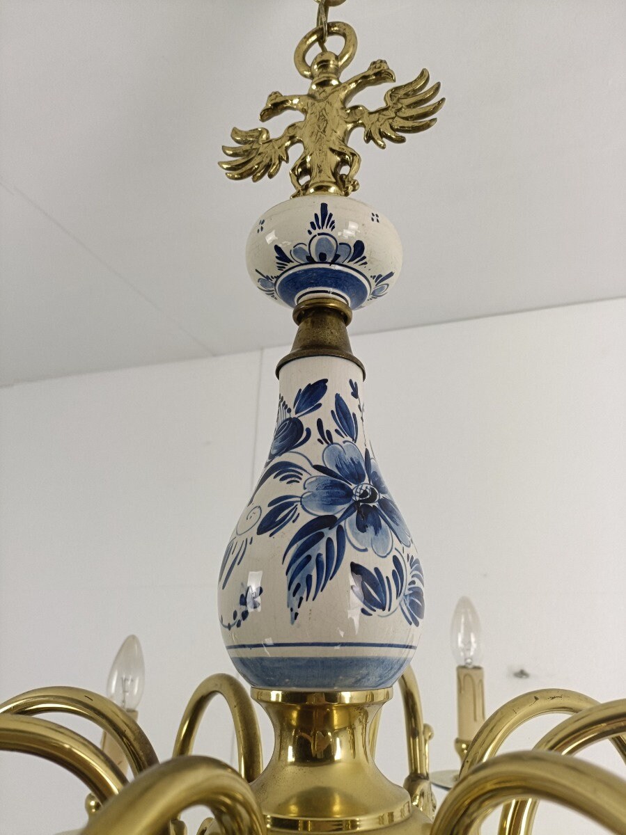 Large Delft Blue White Chandelier Brass Porcelain Vintage 8 Arm 8
